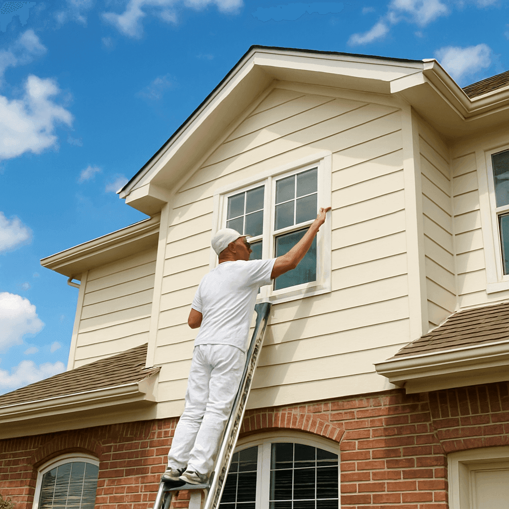 A professional painter applying exterior paint to a Houston home on an ideal weather day