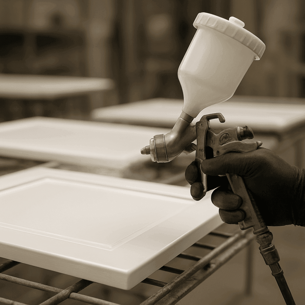 A professional painter spraying a cabinet door flat on a spray rack for a factory-smooth finish