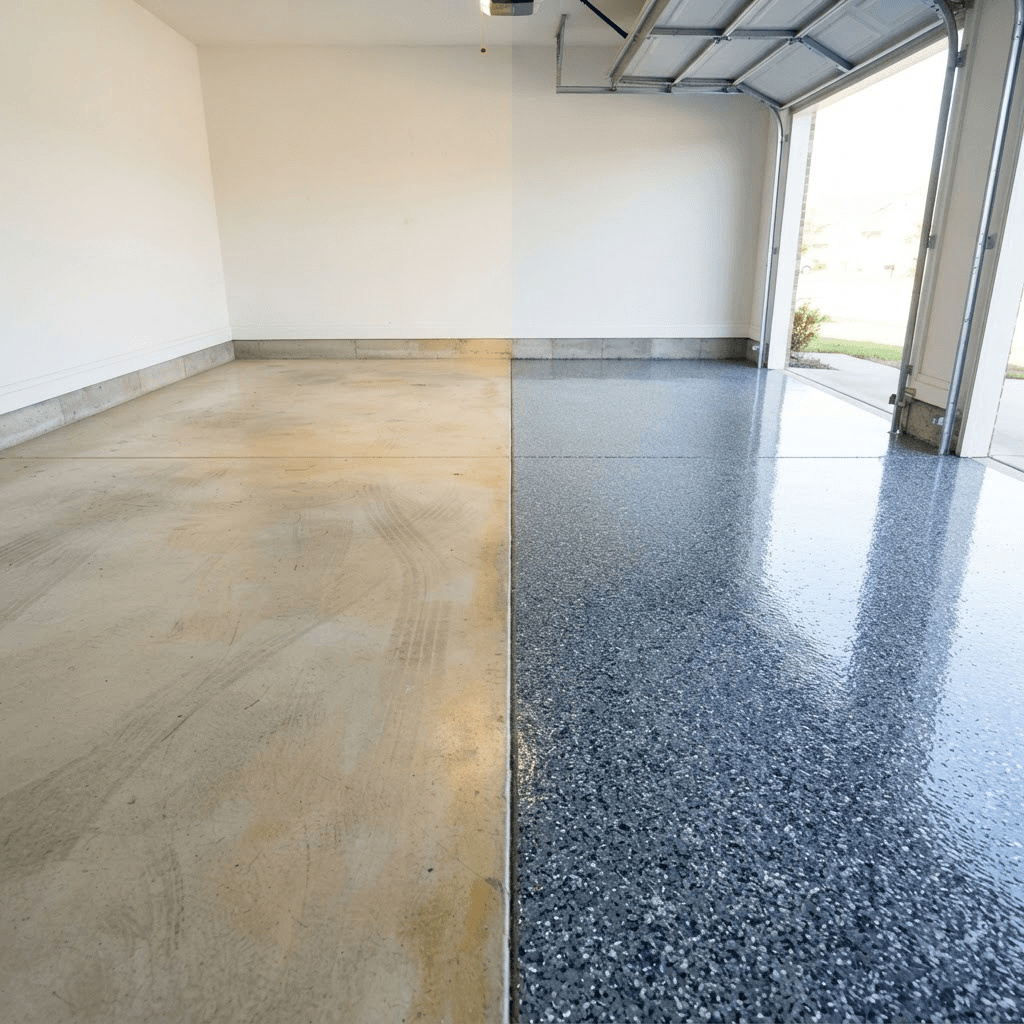 Split comparison of a yellowed standard epoxy garage floor beside a high-gloss charcoal polyaspartic flake floor