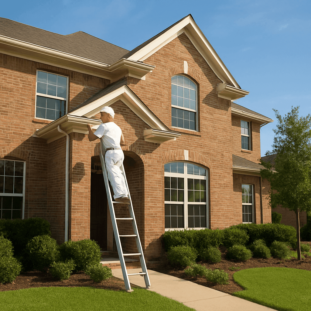 Professional painter painting the exterior of a two-story brick home in Katy, Texas