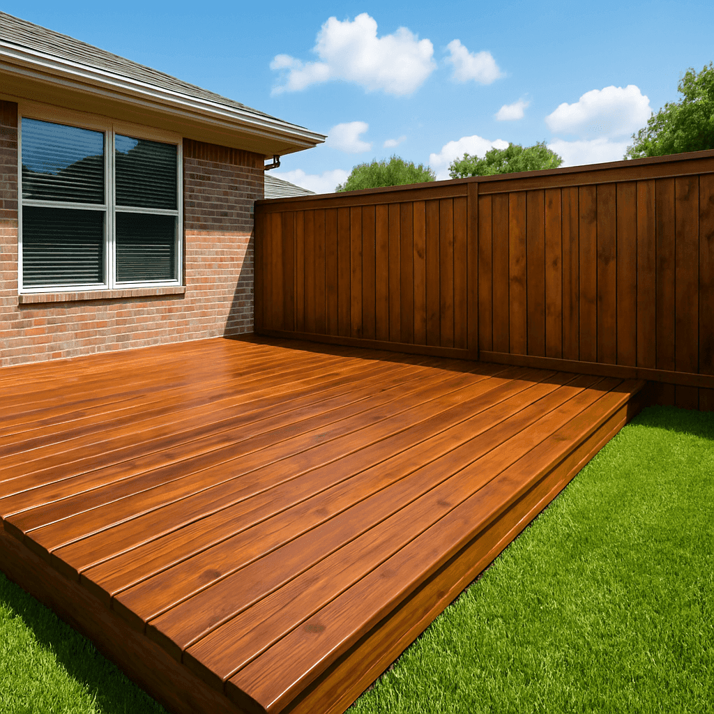 Freshly stained wood deck and privacy fence on a suburban Houston TX home
