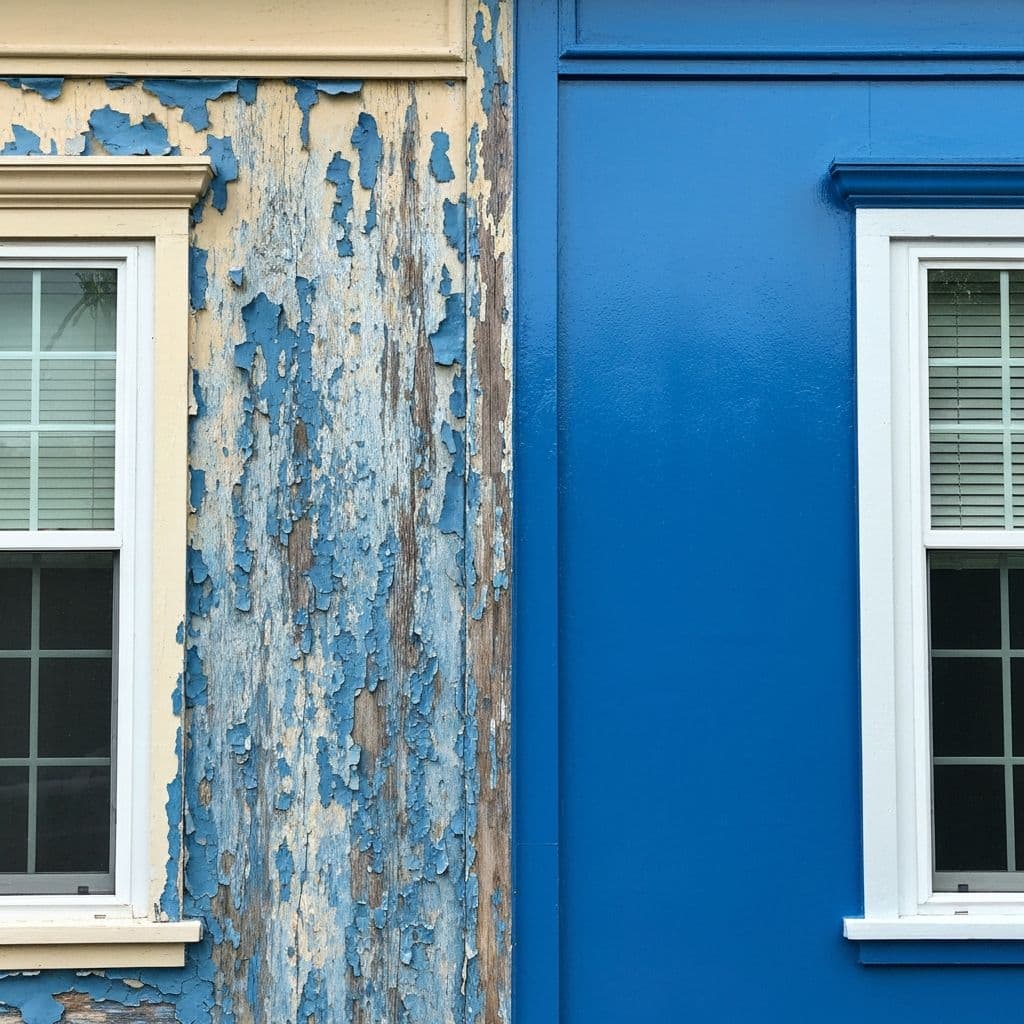 Comparison of weathered and fresh paint on a Houston home