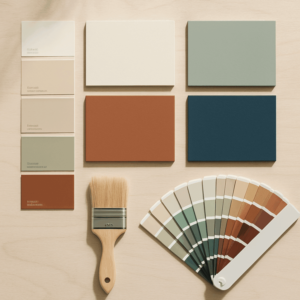 2026 paint color swatches for Houston homes including warm white, greige, sage, terracotta, and navy