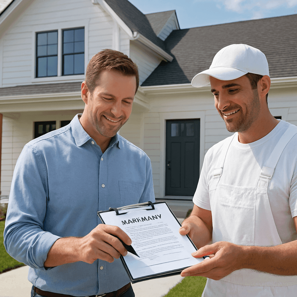 A homeowner and a painting contractor reviewing a written paint warranty document in front of a freshly painted Texas home