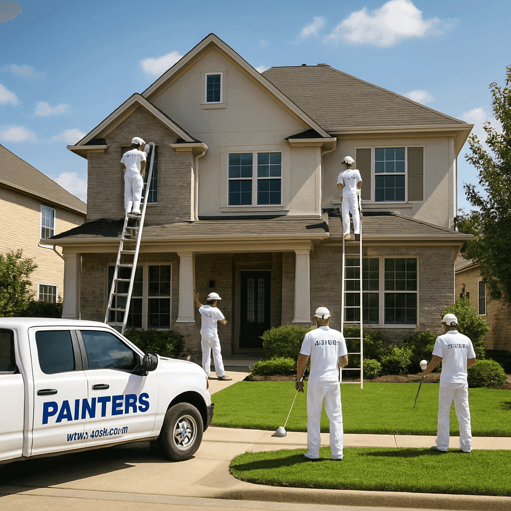 A professional painting crew in branded uniforms working on a two-story home in a Katy, Texas master-planned community with a company truck in the driveway