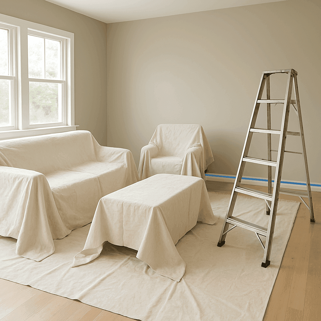 Living room furniture moved to the center and covered with drop cloths before interior painting in Houston TX