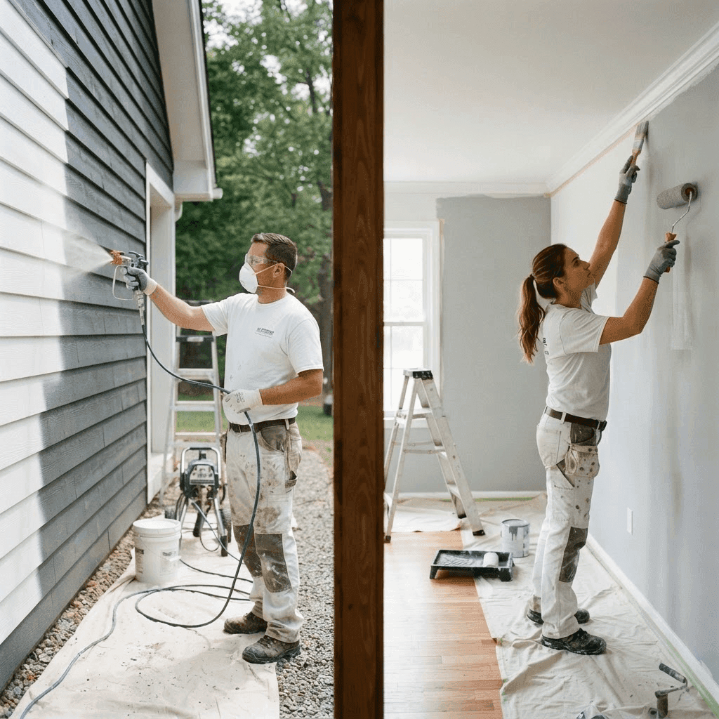 A painter using an airless sprayer on exterior siding next to a painter rolling an interior wall