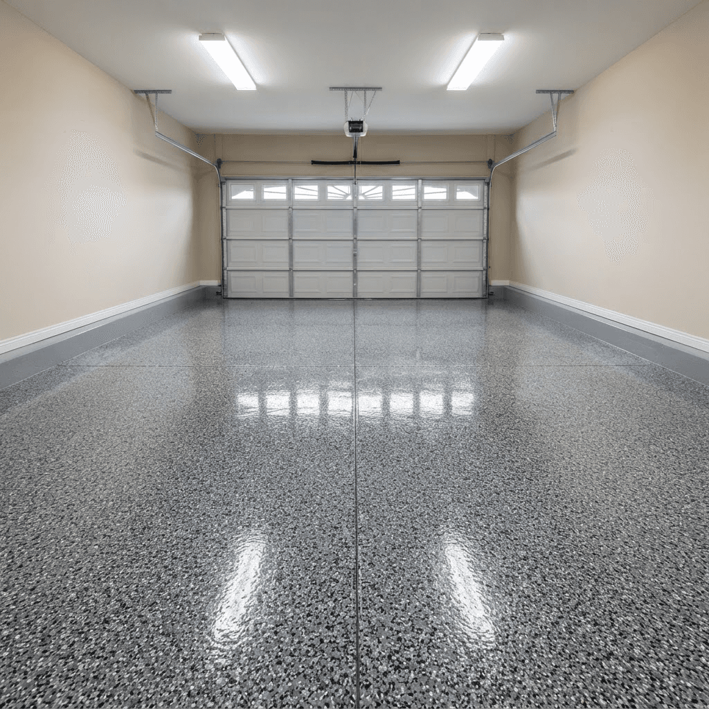 The same garage floor after a grey and black epoxy flake coating with a high-gloss finish