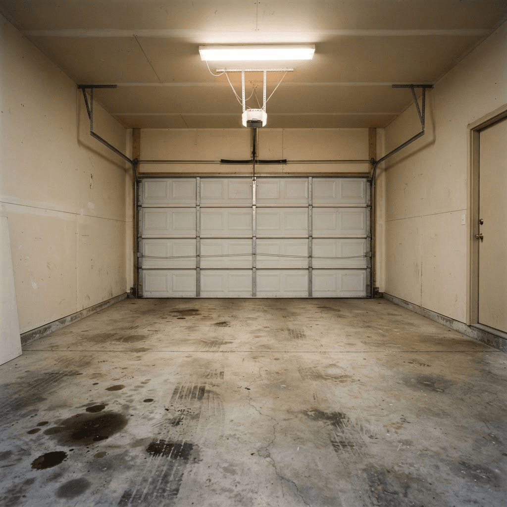 Stained and cracked bare concrete garage floor before epoxy coating
