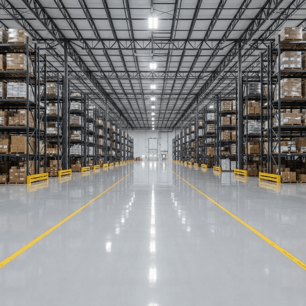 Large warehouse with a seamless light grey high-gloss epoxy floor and yellow safety striping
