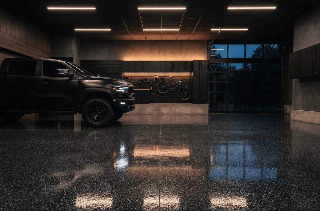 Luxury residential garage with a high-gloss charcoal epoxy flake floor