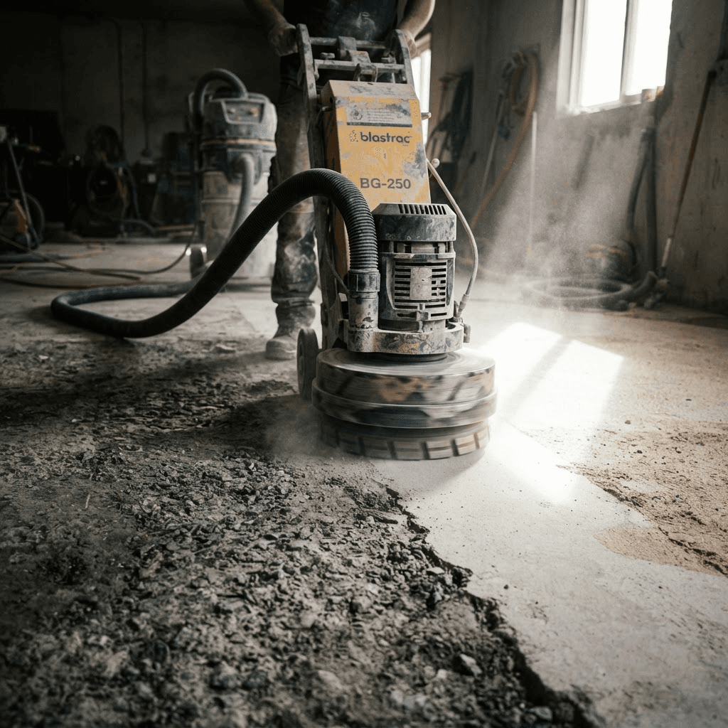 Diamond grinder opening the concrete surface, showing ground concrete beside untreated slab