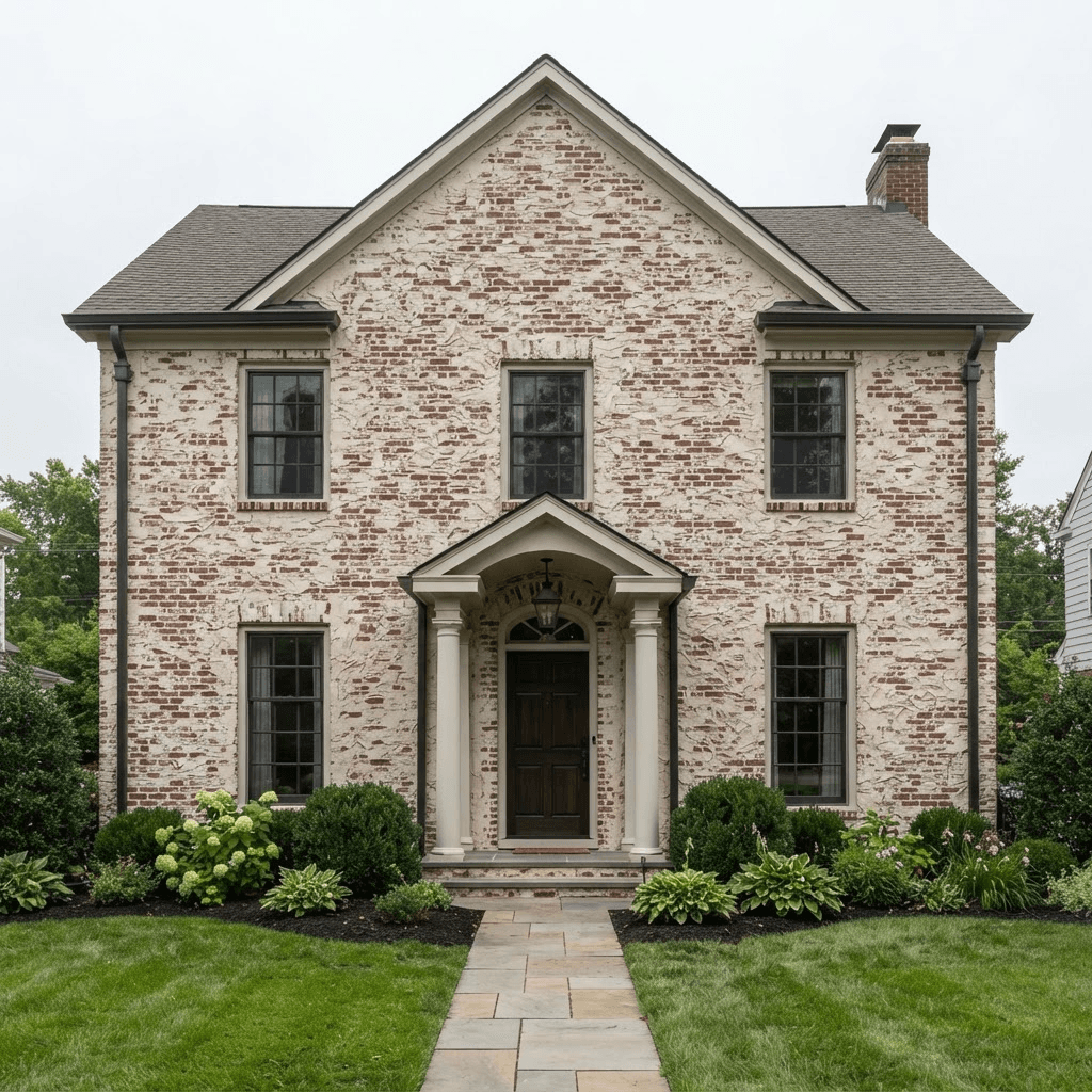 Illustration of the same colonial facade with a German smear mortar wash, thick off-white mortar troweled unevenly over the brick with some brick faces left exposed