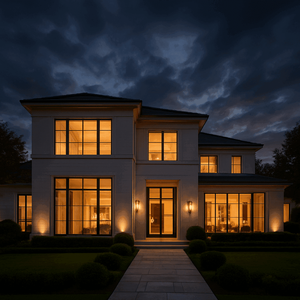 Luxury Houston estate at twilight with freshly finished exterior