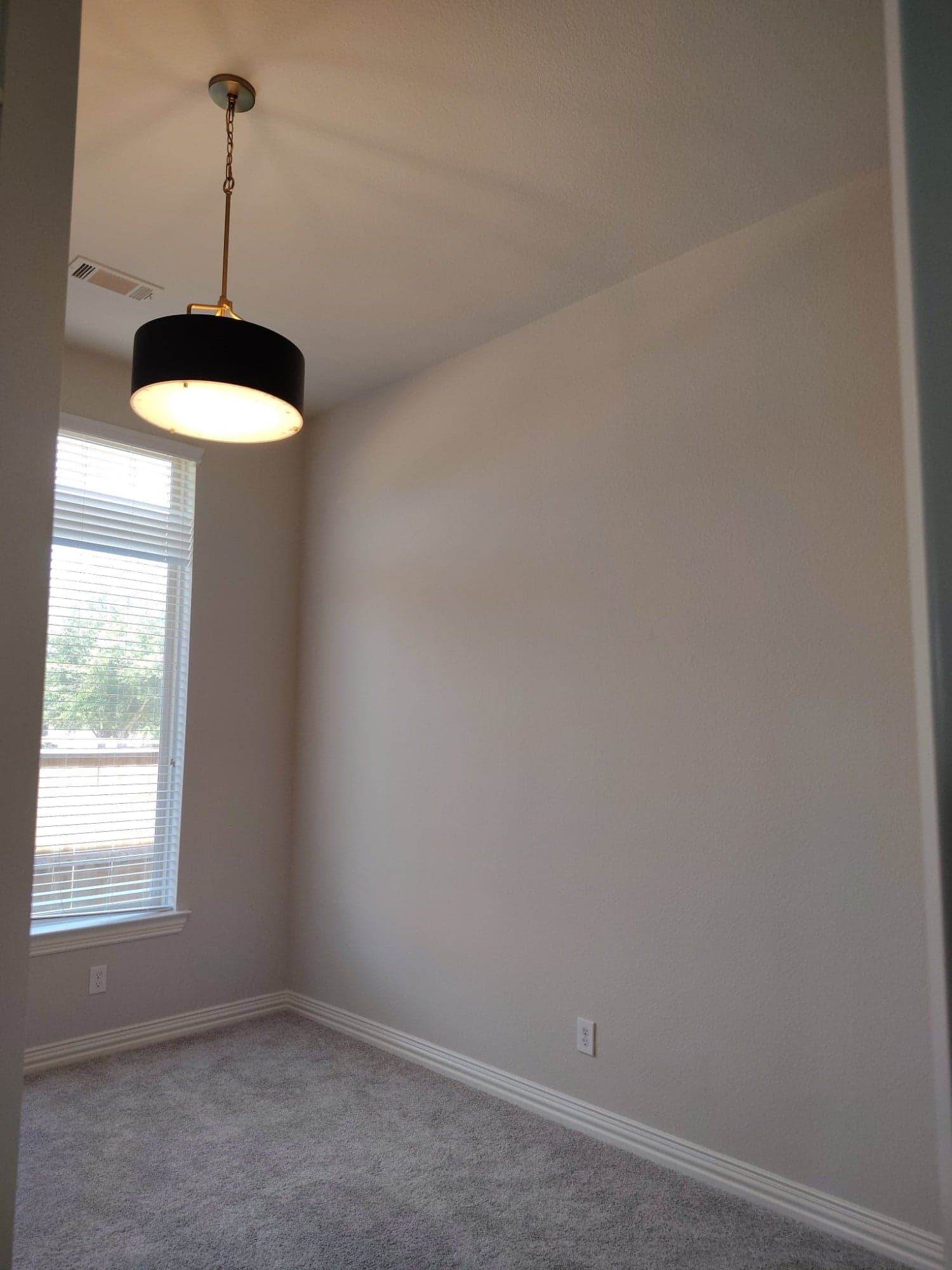 Small study with light walls, white baseboards and window trim