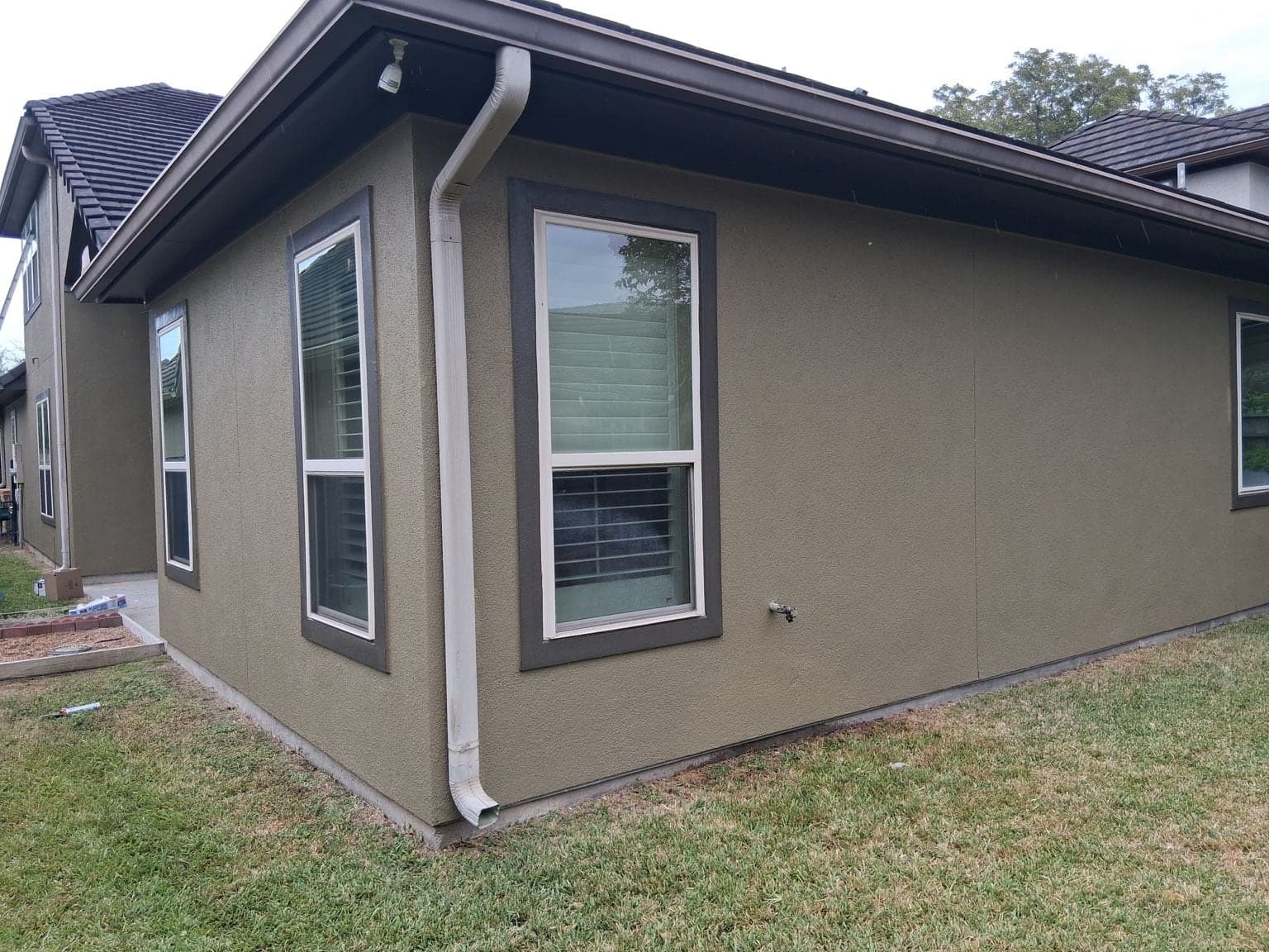 Rear elevation with olive-green stucco, dark brown window surrounds and cream downspouts