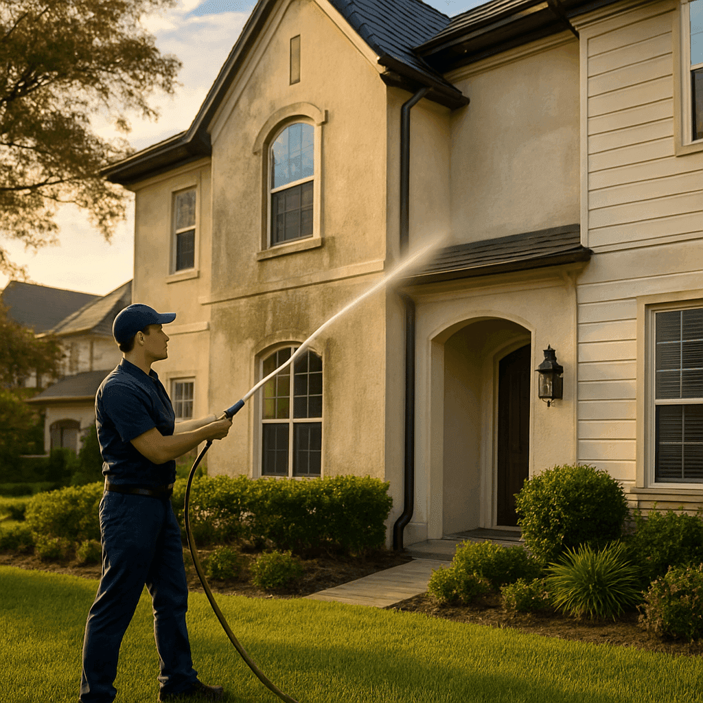 Technician soft washing a luxury Houston home to remove algae and black stains