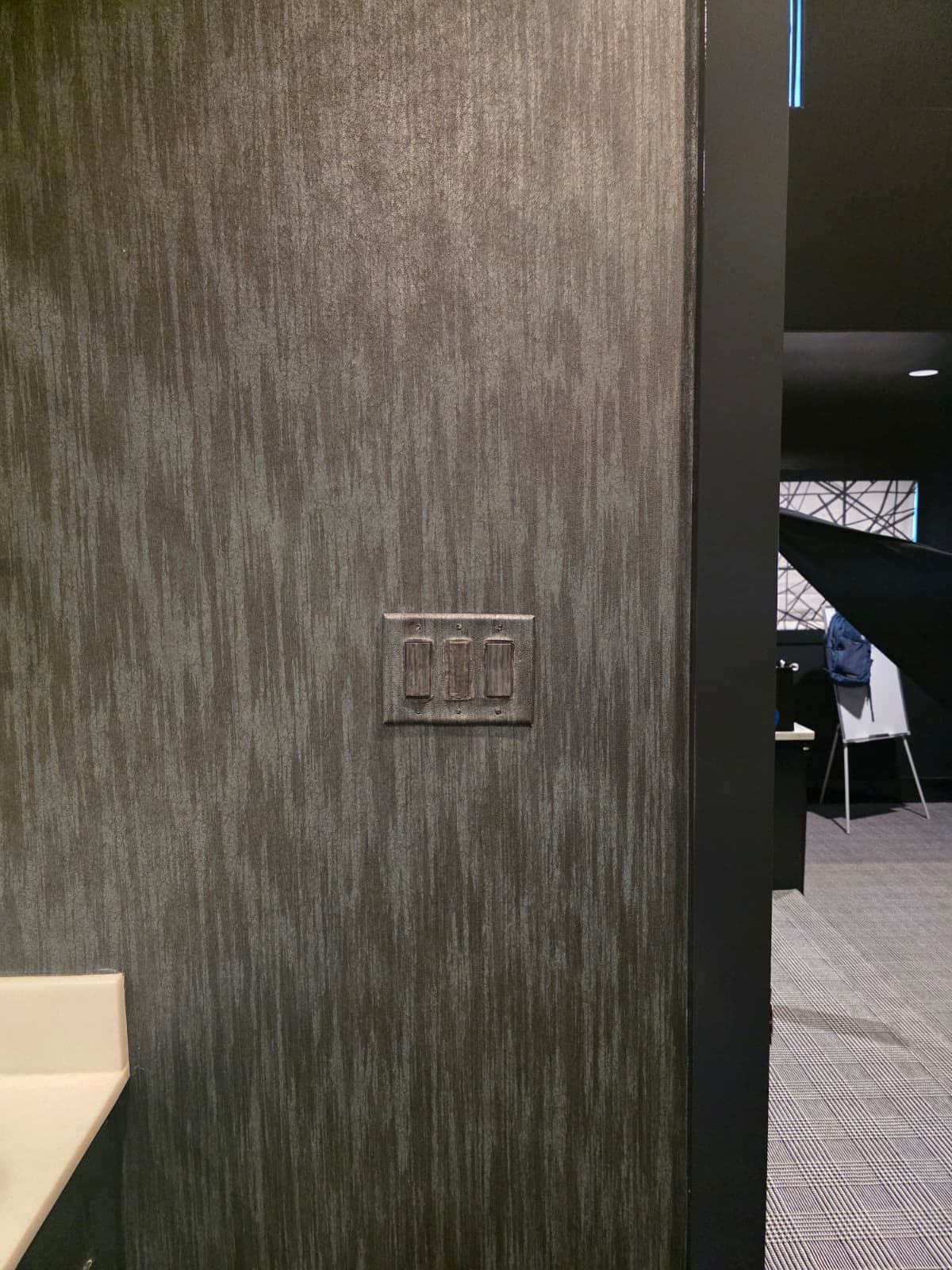 Charcoal Venetian plaster feature wall in a Houston commercial interior with a plastered switch plate