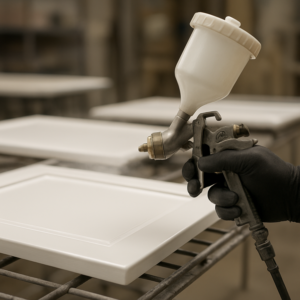 A professional painter spraying a cabinet door flat on a spray rack for a factory-smooth finish