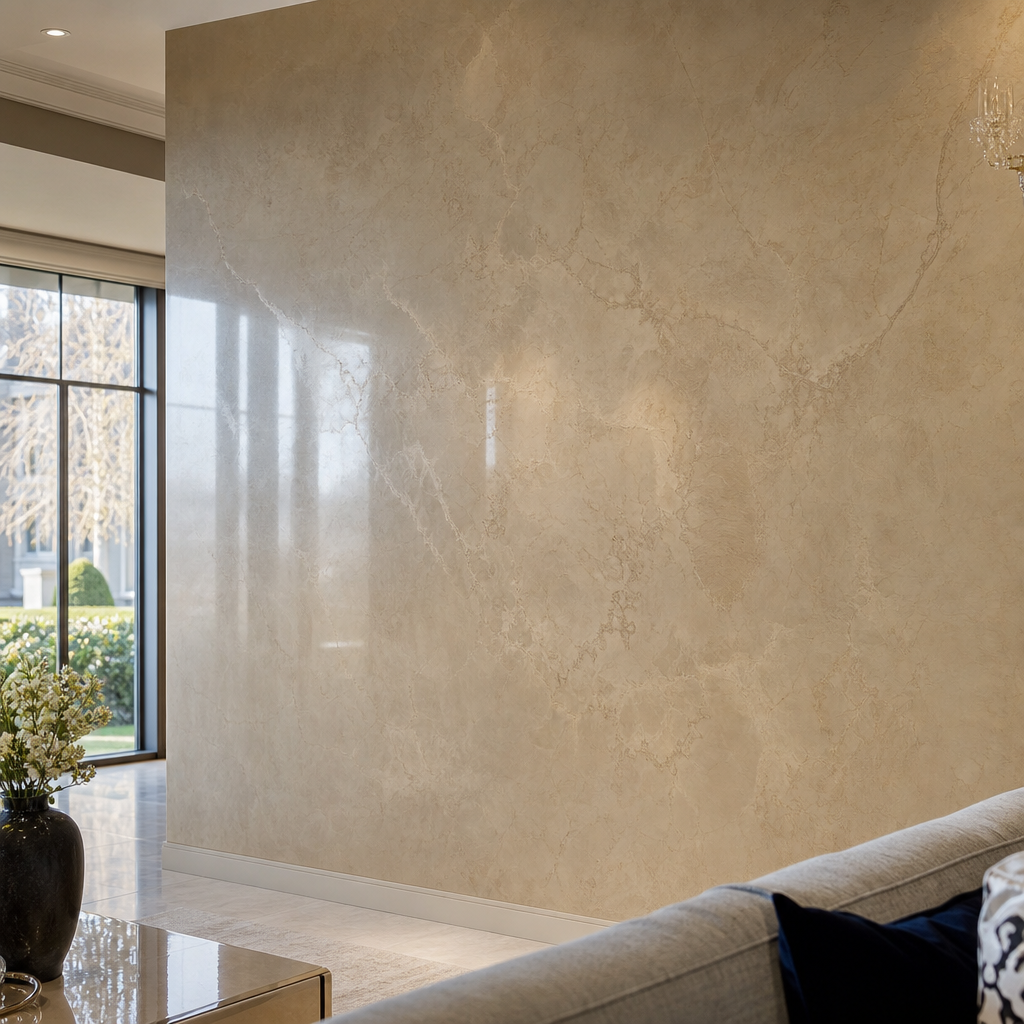 After: polished Venetian plaster feature wall with marble-like depth and sheen