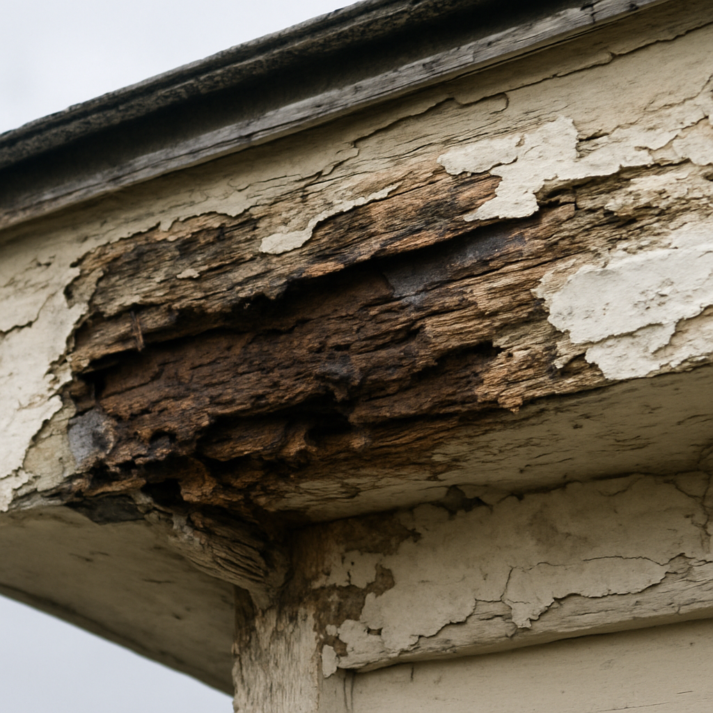 Before: rotted and peeling exterior wood fascia and trim on a Houston home
